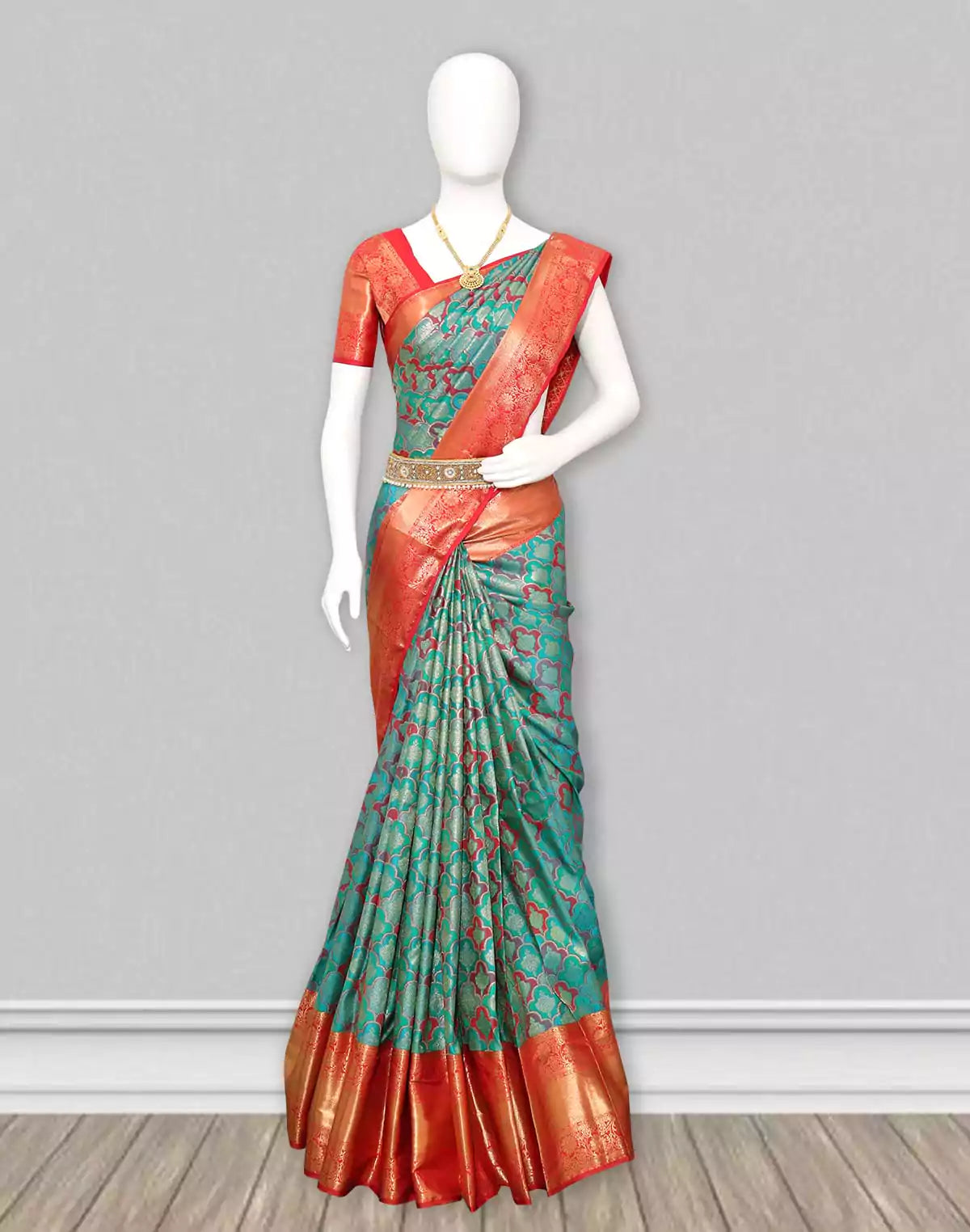 Image of Green and Red Meenakari skut Border Kanchi Saree