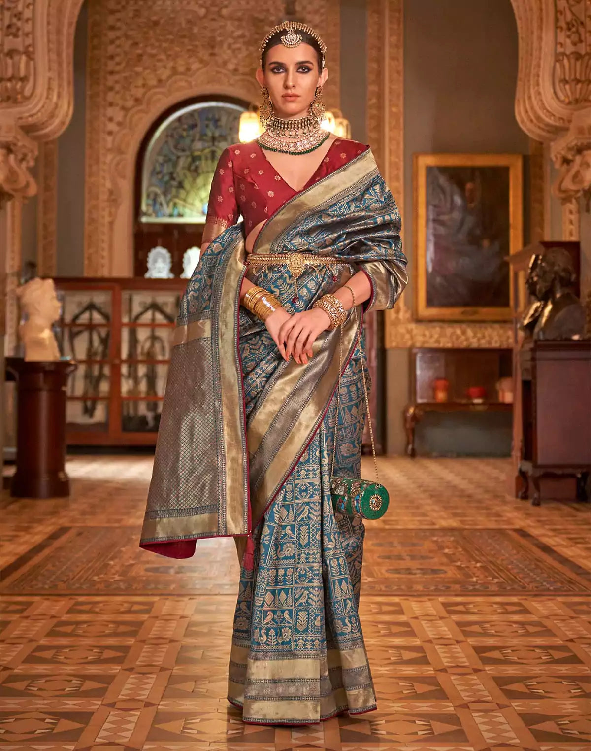 Image of Peacock Blue Novelty Design Banaras Saree