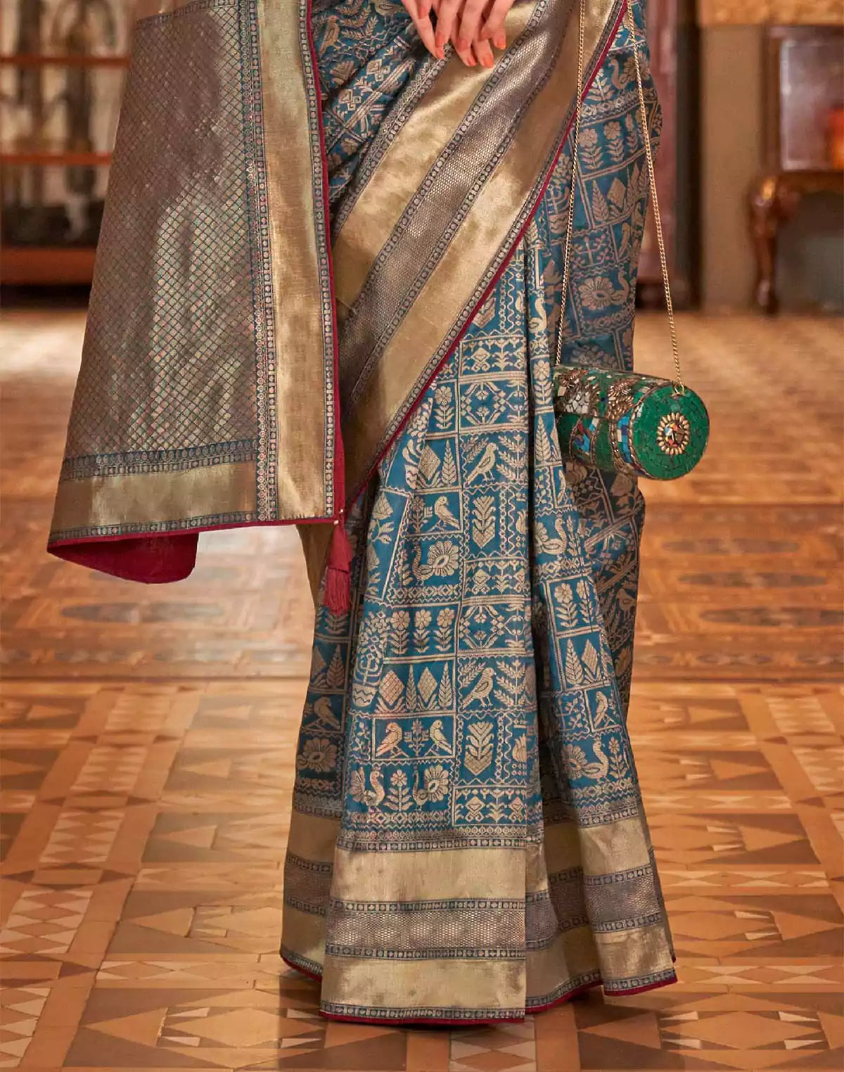 Image of Peacock Blue Novelty Design Banaras Saree
