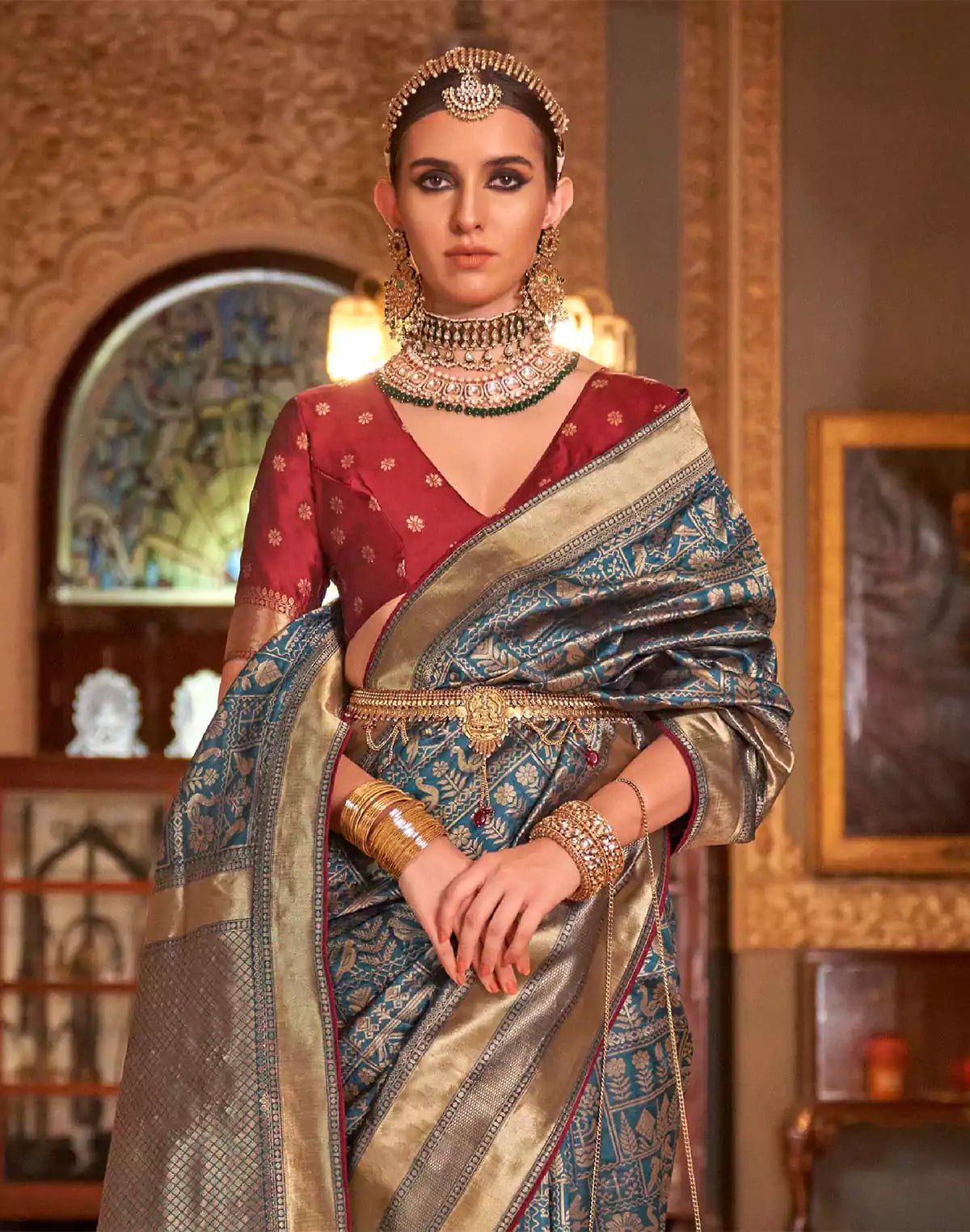 Image of Peacock Blue Novelty Design Banaras Saree