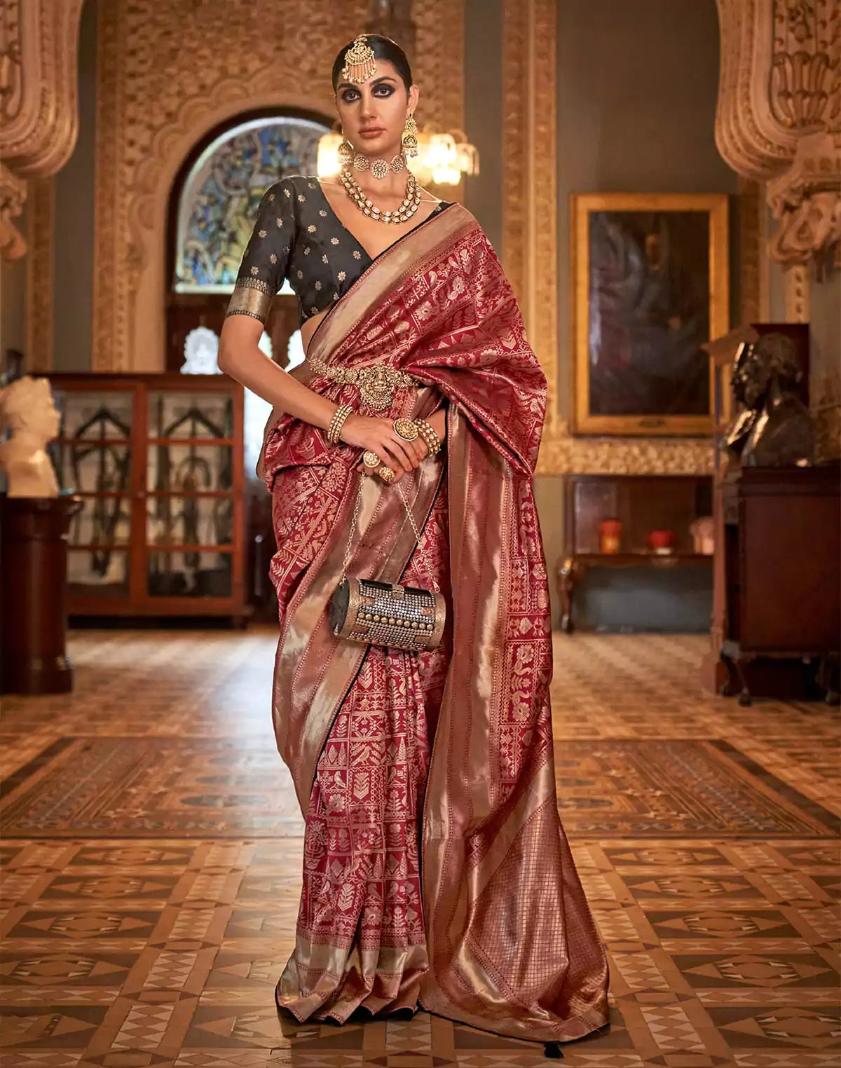 Image of Maroon Coloured Banaras Silk Saree
