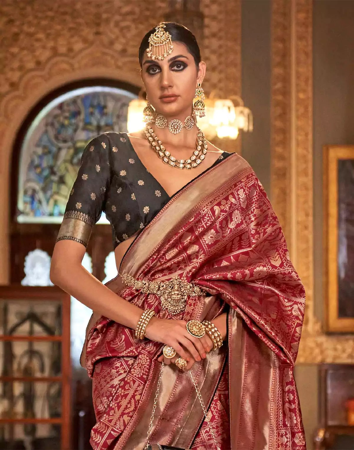 Image of Maroon Coloured Banaras Silk Saree