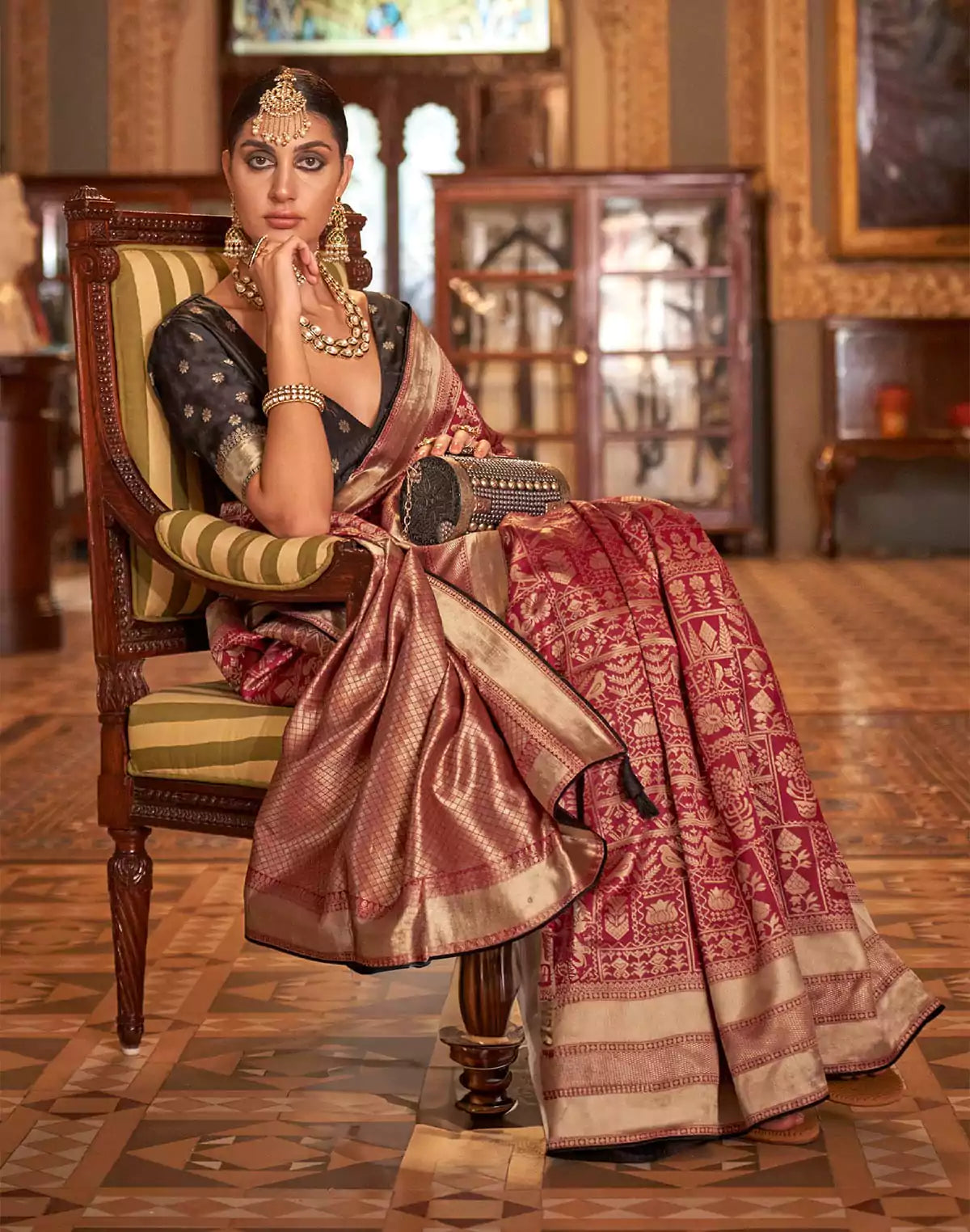 Image of Maroon Coloured Banaras Silk Saree