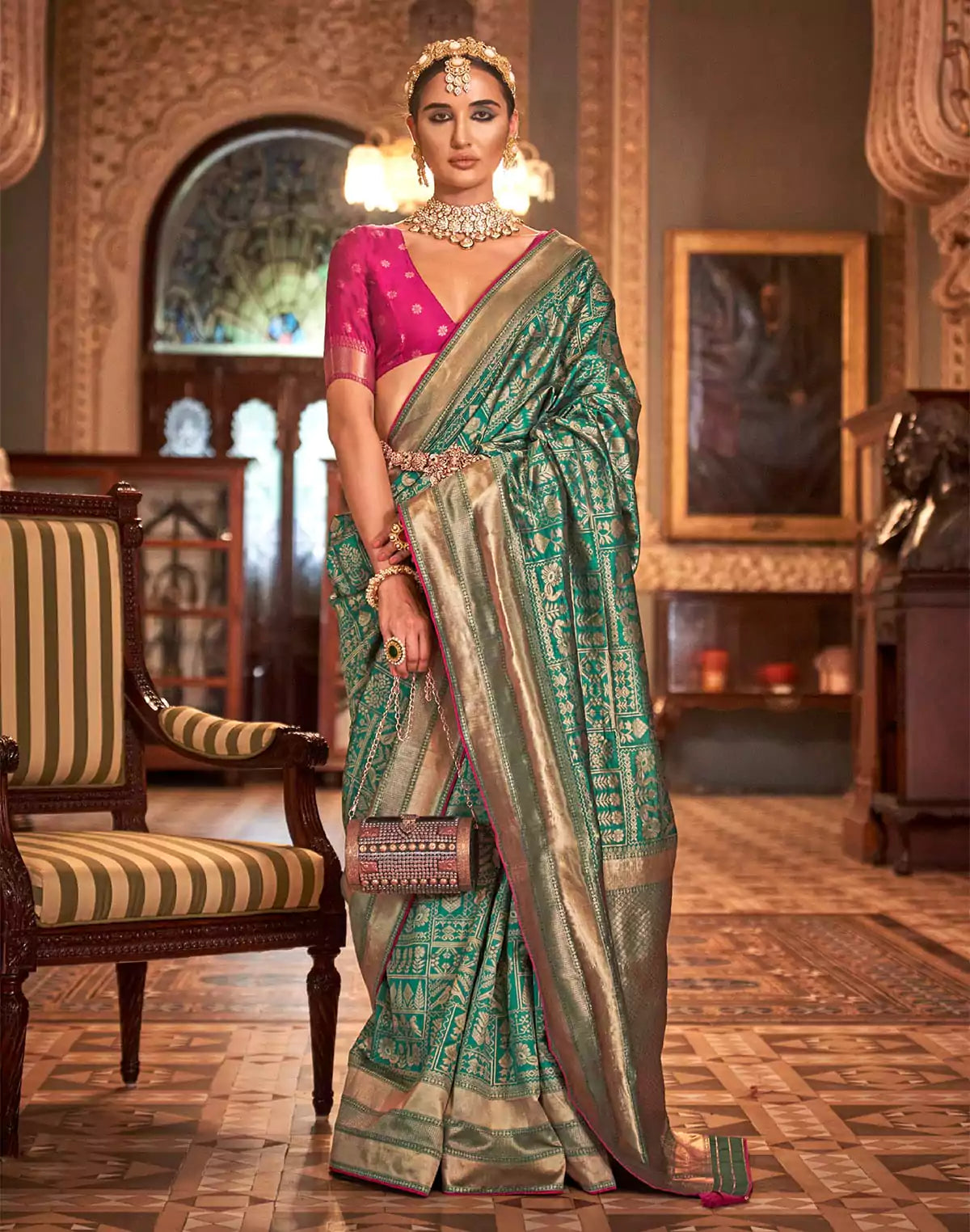 Image of Teal Green Novelty Pattern Banaras Silk Saree