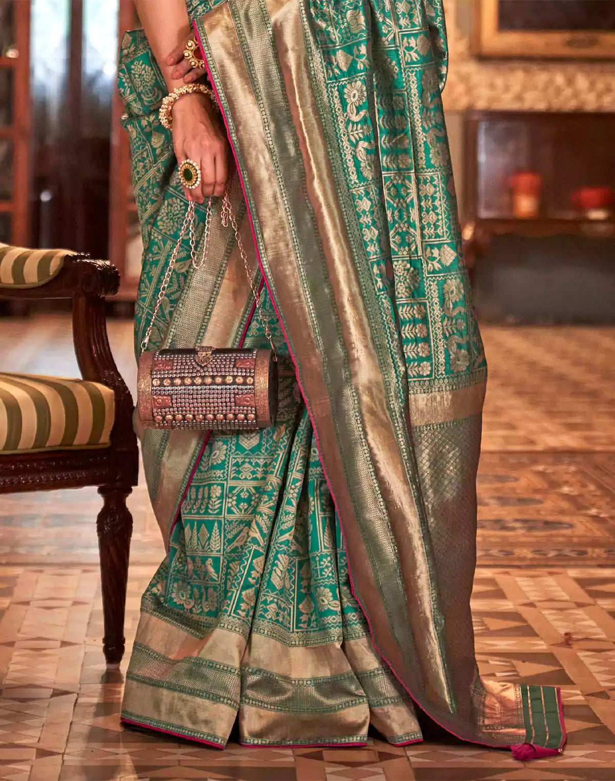 Image of Teal Green Novelty Pattern Banaras Silk Saree