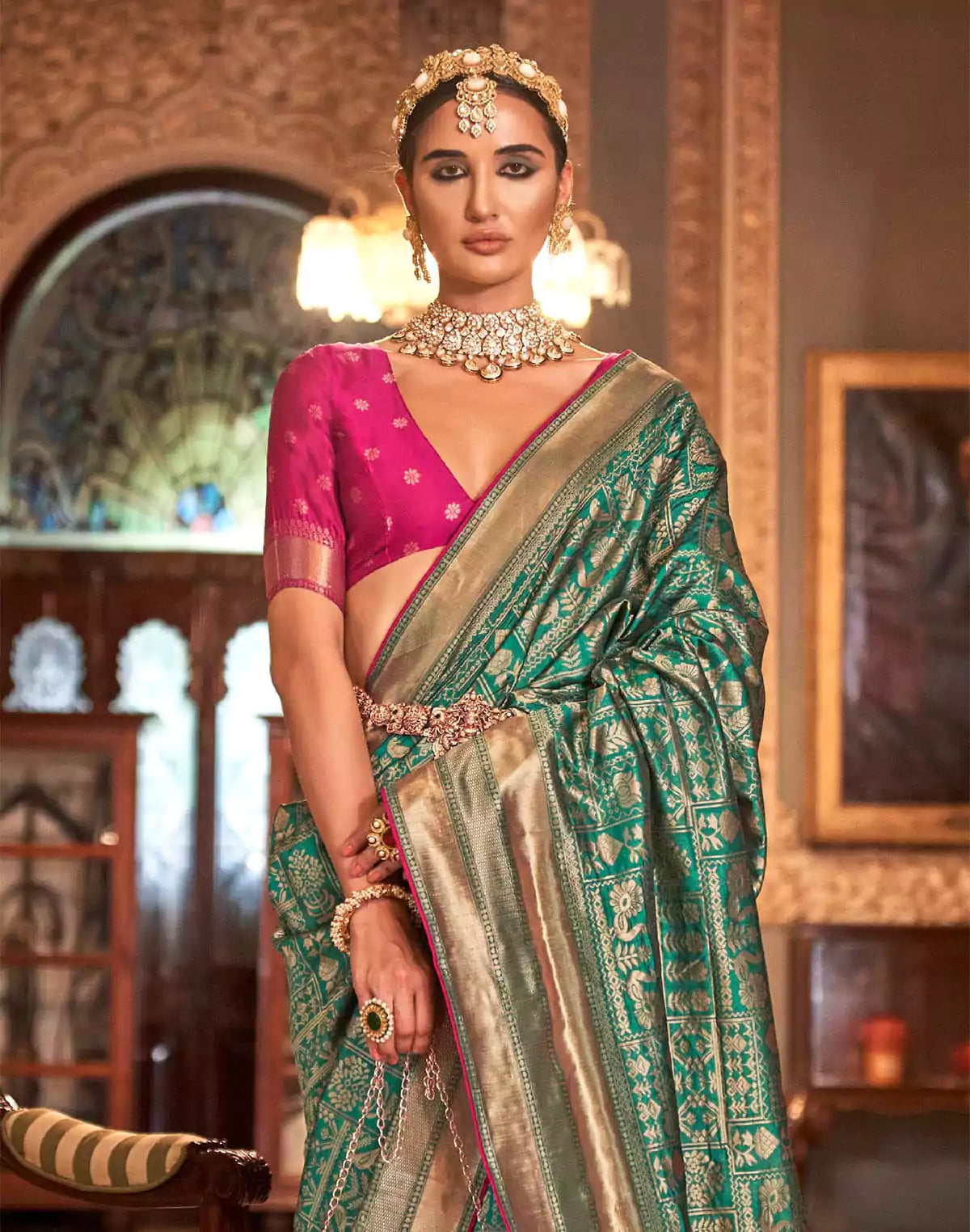 Image of Teal Green Novelty Pattern Banaras Silk Saree