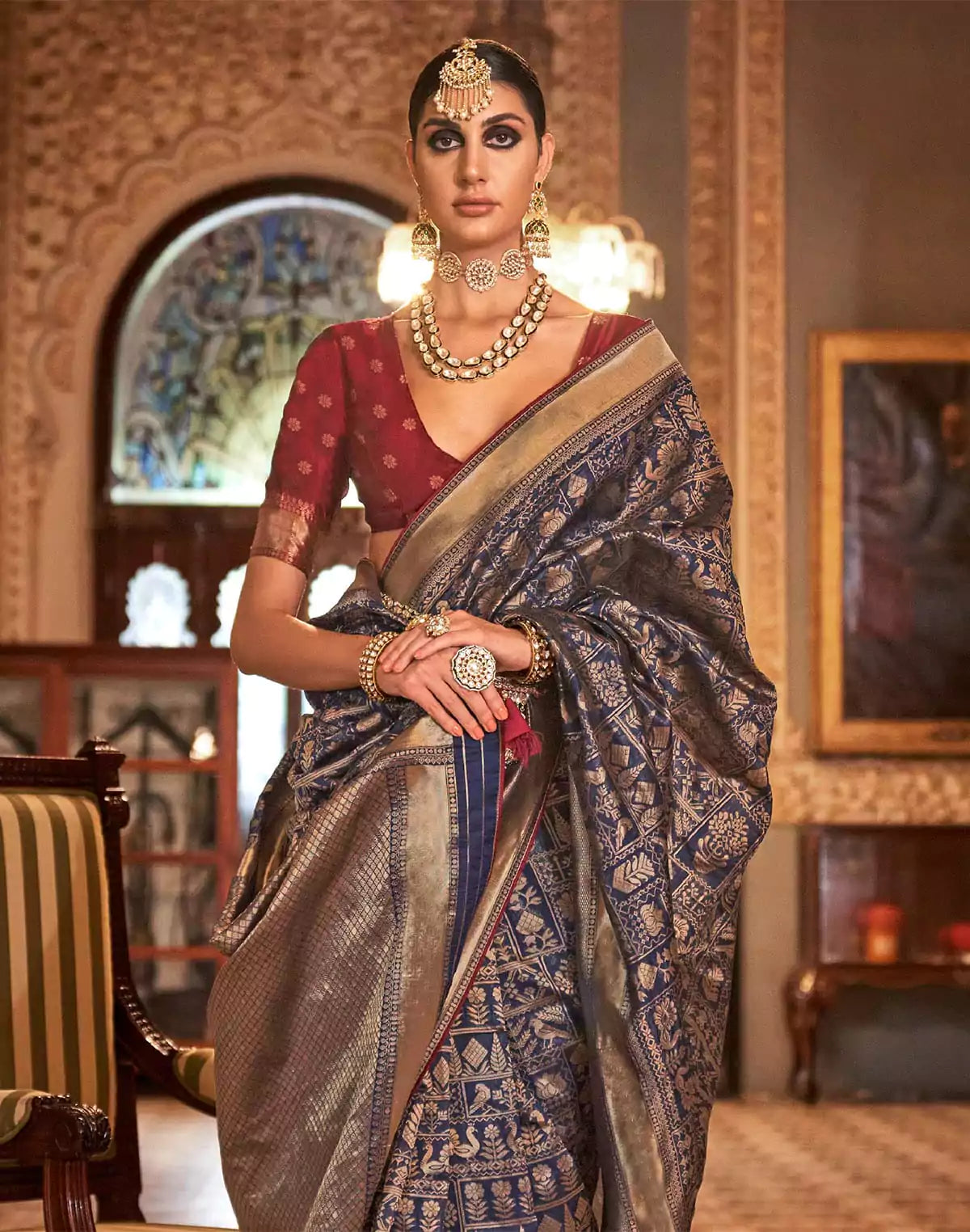 Image of Navy Blue Elegant Novelty Design Banaras Silk Saree