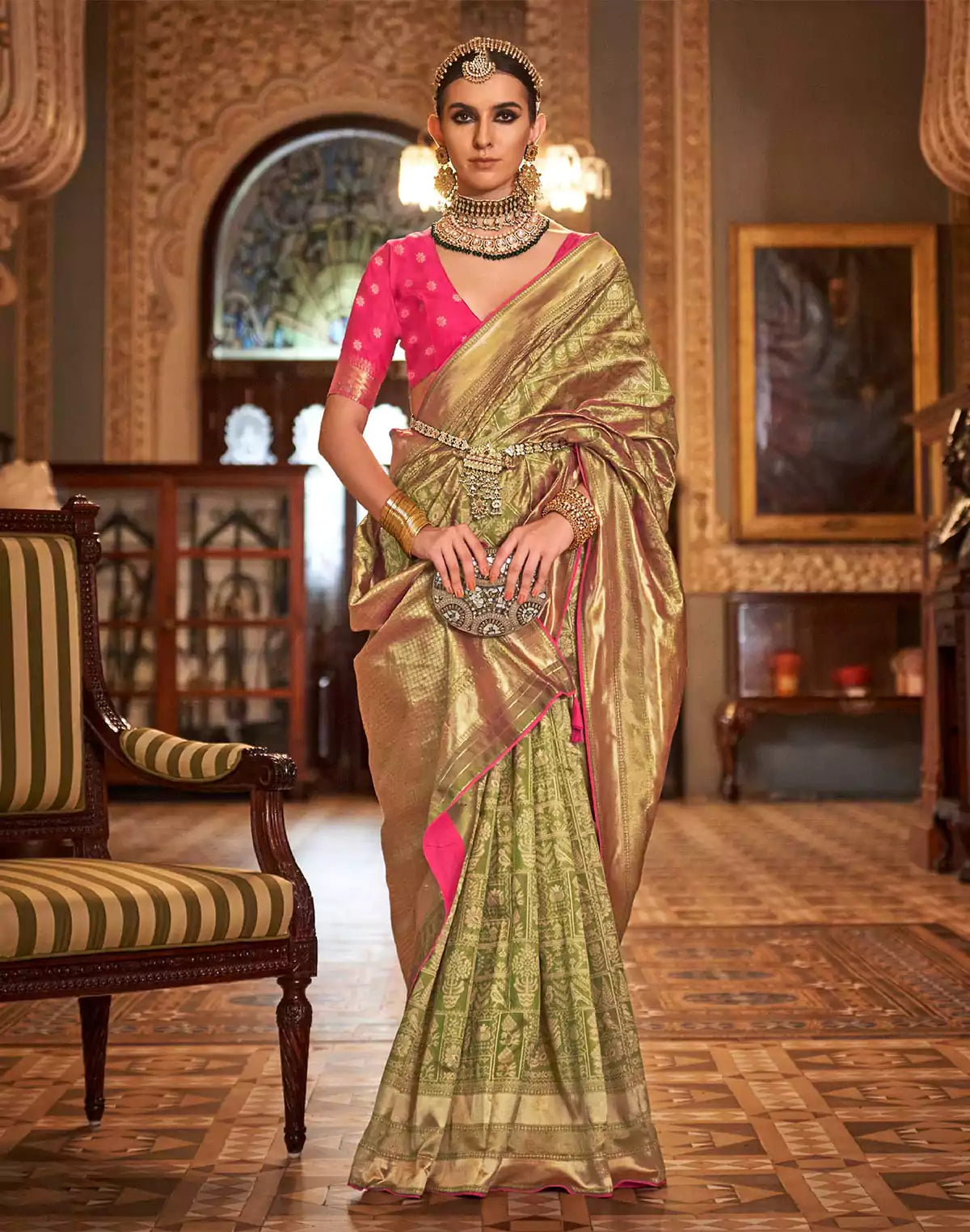 Image of Olive Green Banaras Silk Trendy Saree