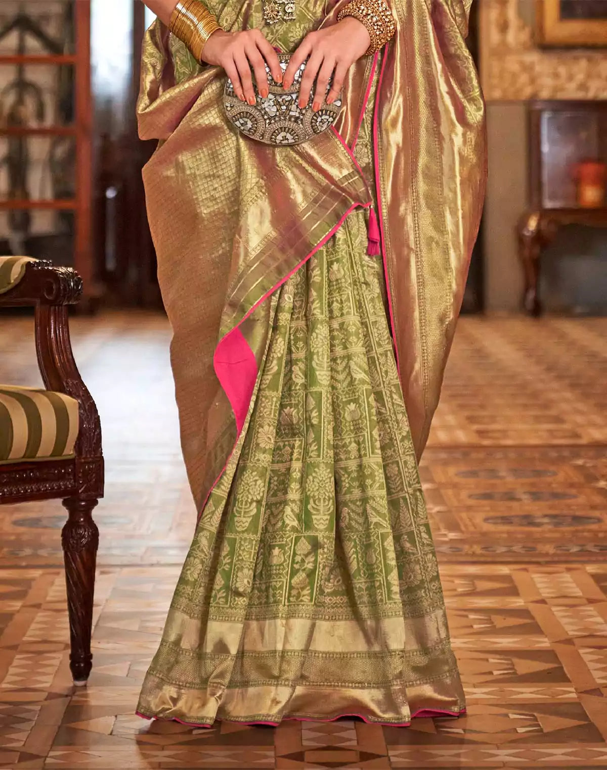 Image of Olive Green Banaras Silk Trendy Saree