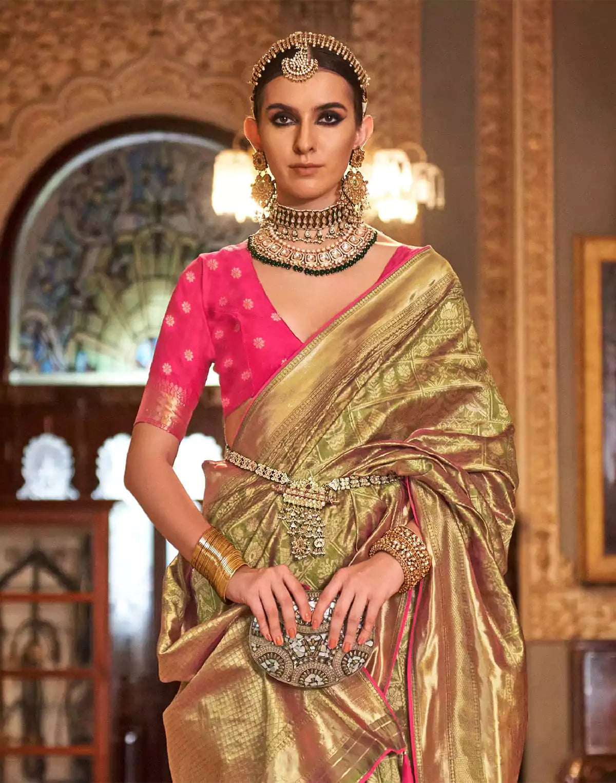 Image of Olive Green Banaras Silk Trendy Saree