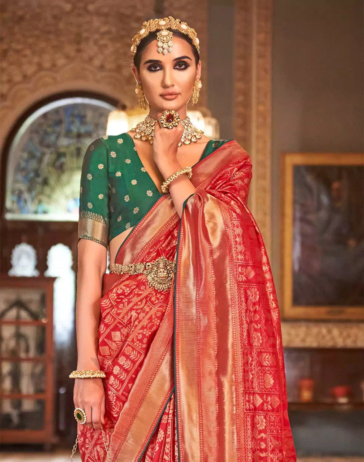 Image of Cherry Red Banaras Silk Saree