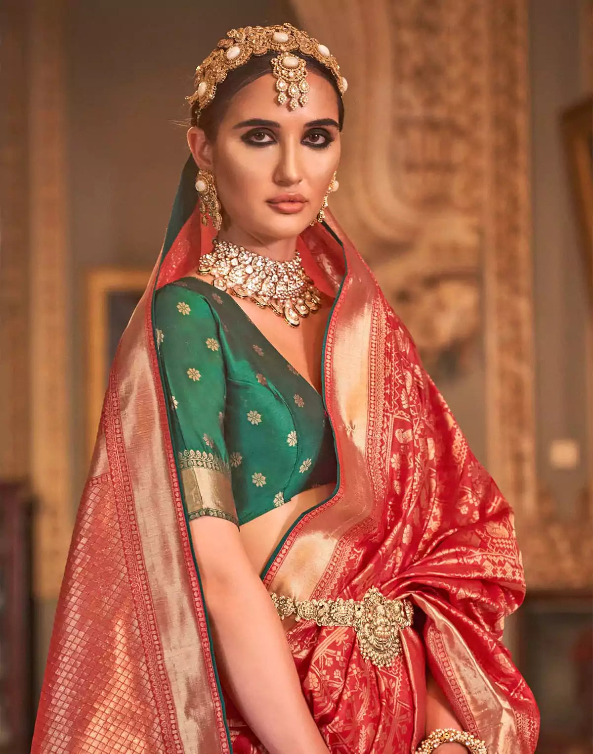 Image of Cherry Red Banaras Silk Saree