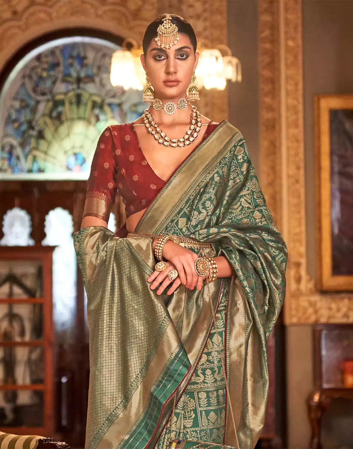 Image of Green and Maroon Banaras Silk Saree