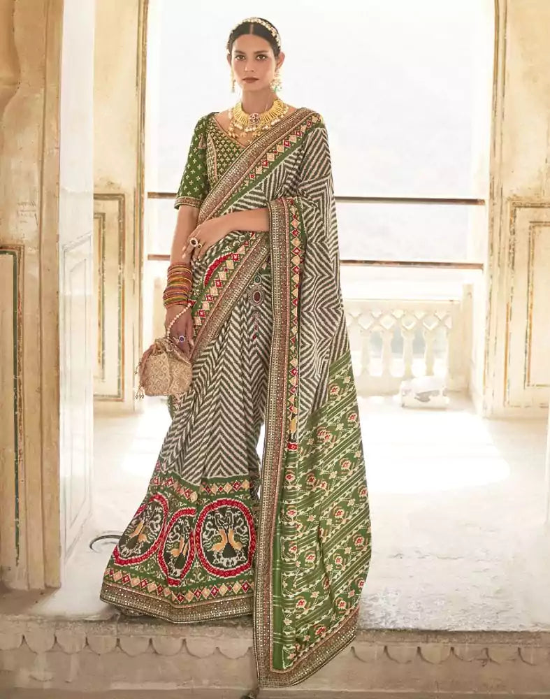 Image of Dark Green Zig Zag Dola Silk Fabric Saree