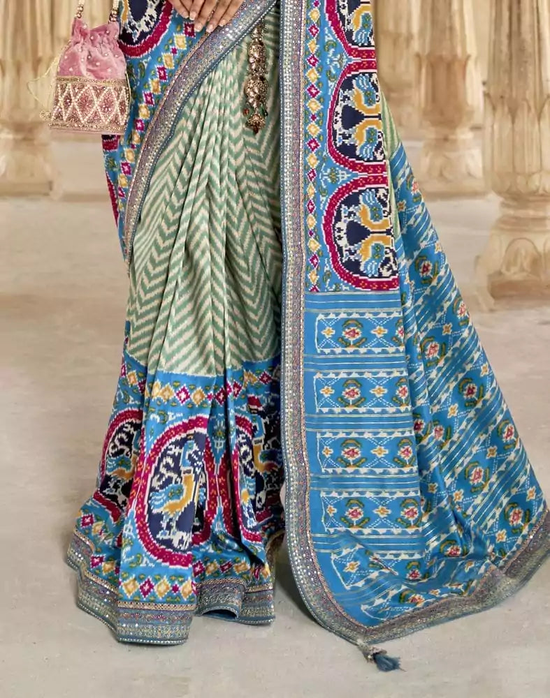 Image of Light Green Chevron Printed Dola Silk Saree