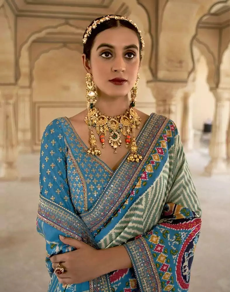 Image of Light Green Chevron Printed Dola Silk Saree