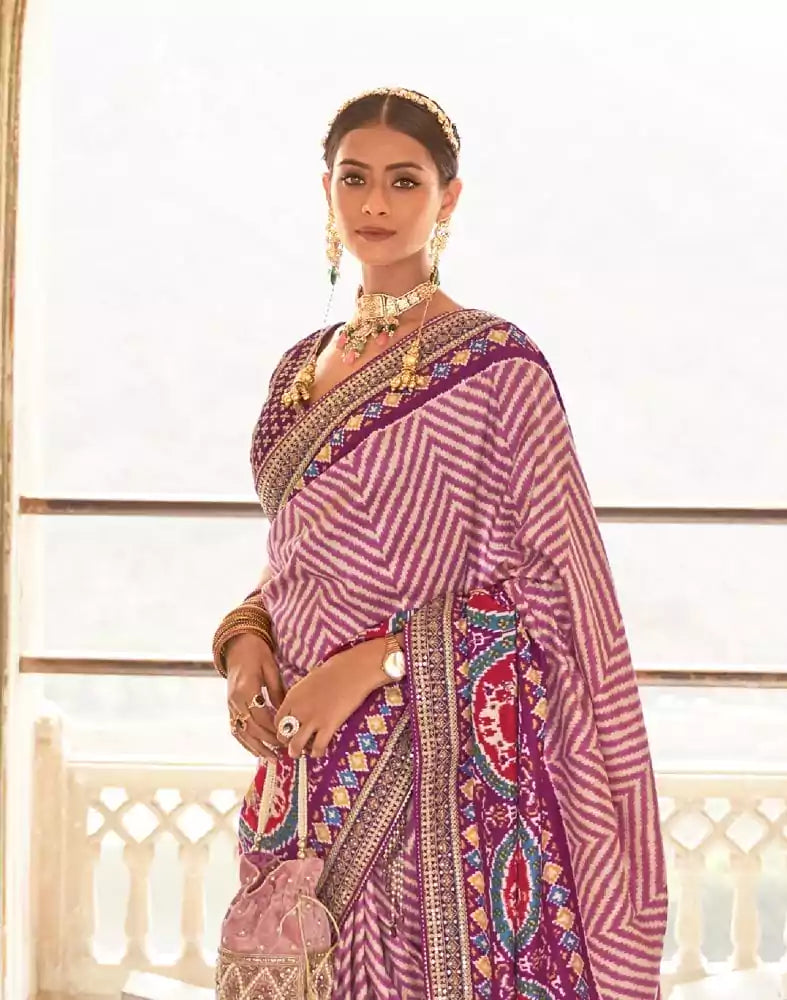 Image of Pink Chevron Dola Silk Fabric Saree