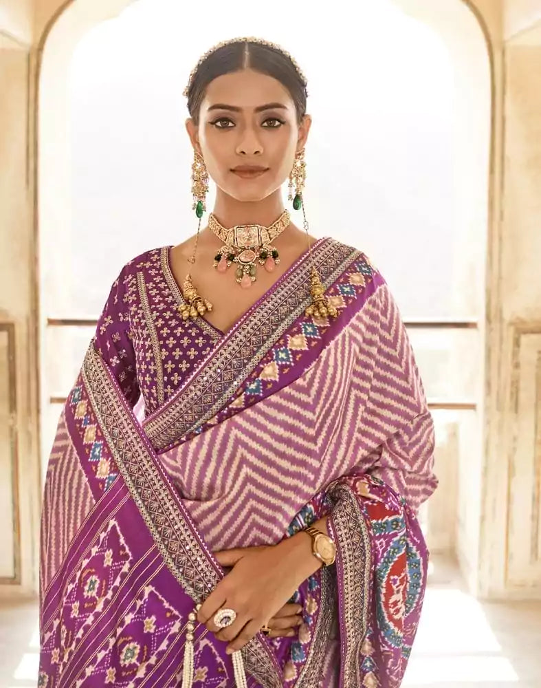 Image of Pink Chevron Dola Silk Fabric Saree