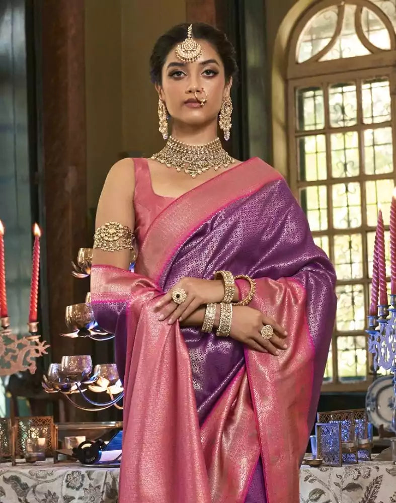 Image of Stylish Purple Floral Weaving Soft Silk Saree