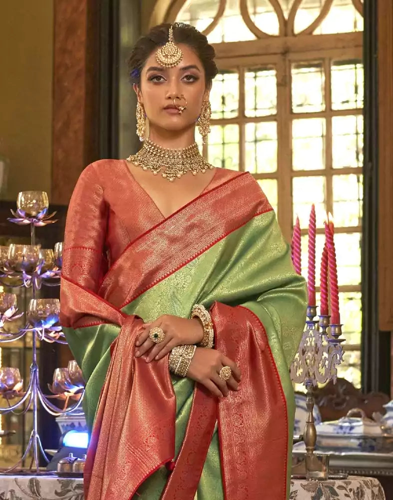 Image of Mitera Parrot Green Floral Soft Silk Saree