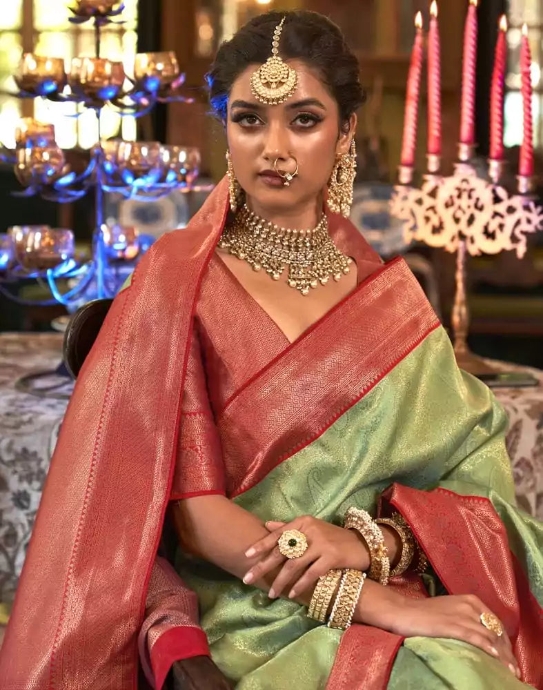 Image of Mitera Parrot Green Floral Soft Silk Saree