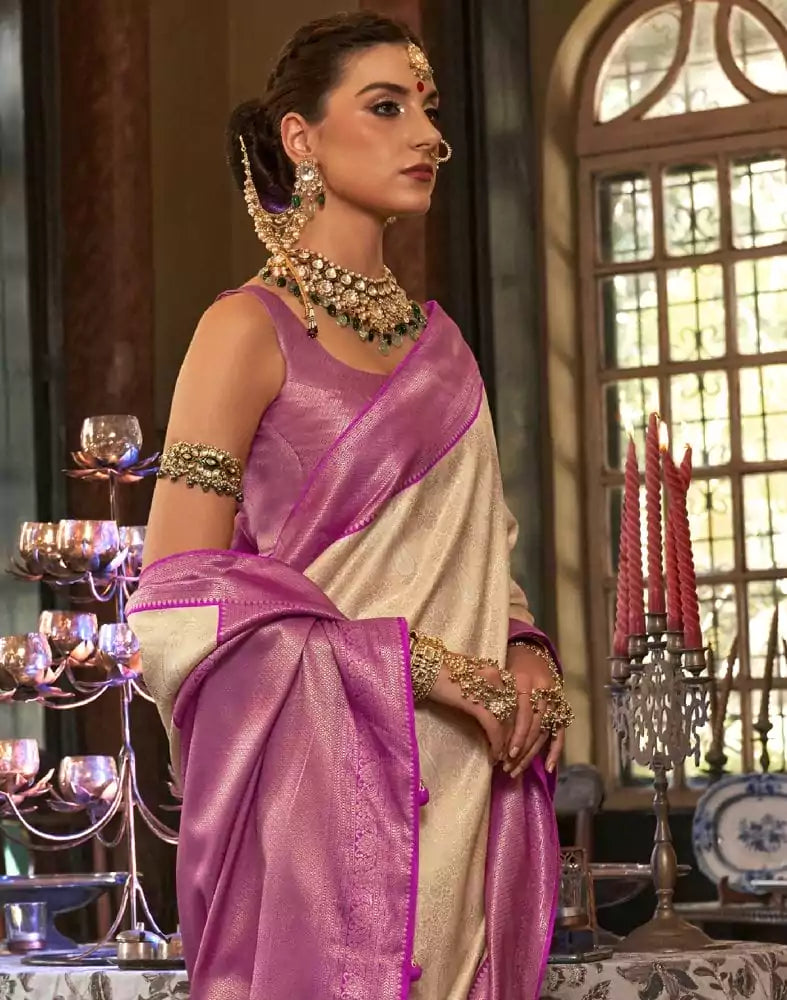 Image of Gold and Pink Floral Weave Soft Silk Saree