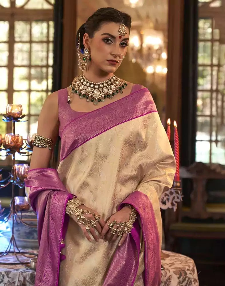 Image of Gold and Pink Floral Weave Soft Silk Saree