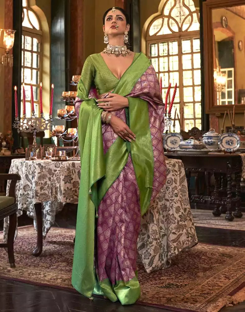 Image of Symmetrical Magenta Geometric Soft Silk Saree