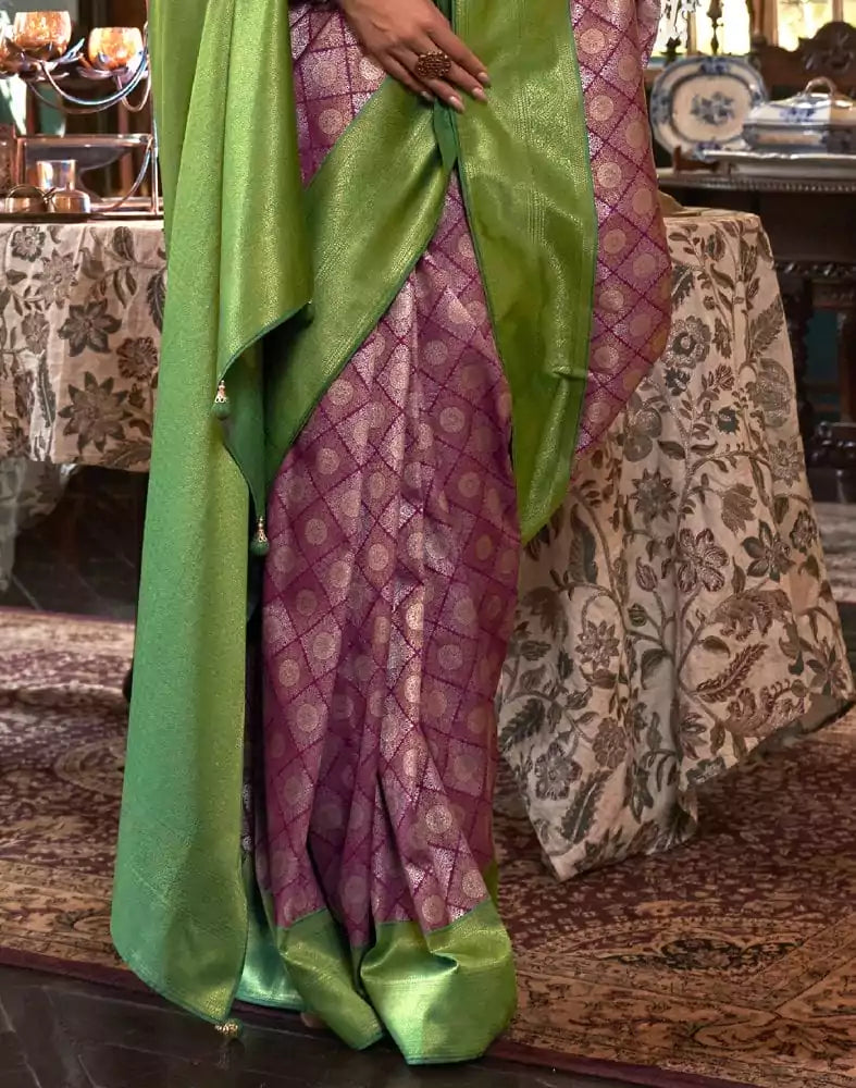 Image of Symmetrical Magenta Geometric Soft Silk Saree