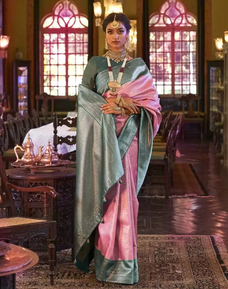 Image of Pink all over Self Design Weaving Soft Silk Saree