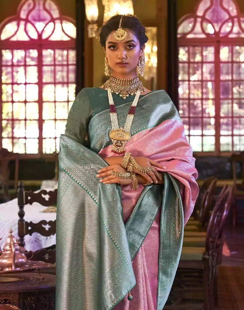 Image of Pink all over Self Design Weaving Soft Silk Saree