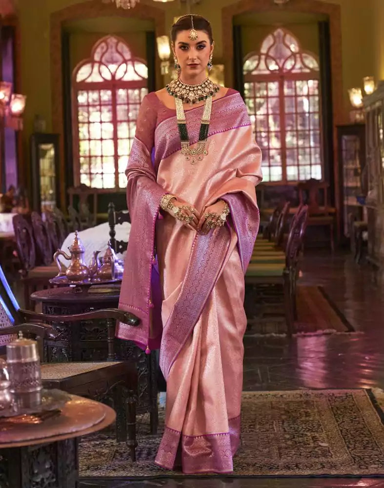 Image of Orange all over Self Design Weave Soft Silk Saree