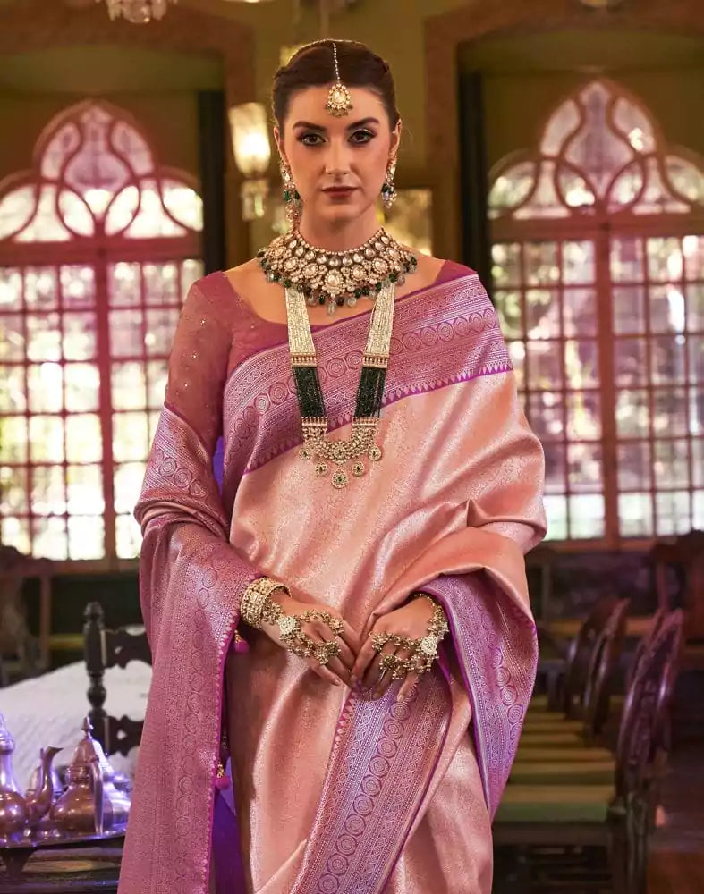 Image of Orange all over Self Design Weave Soft Silk Saree