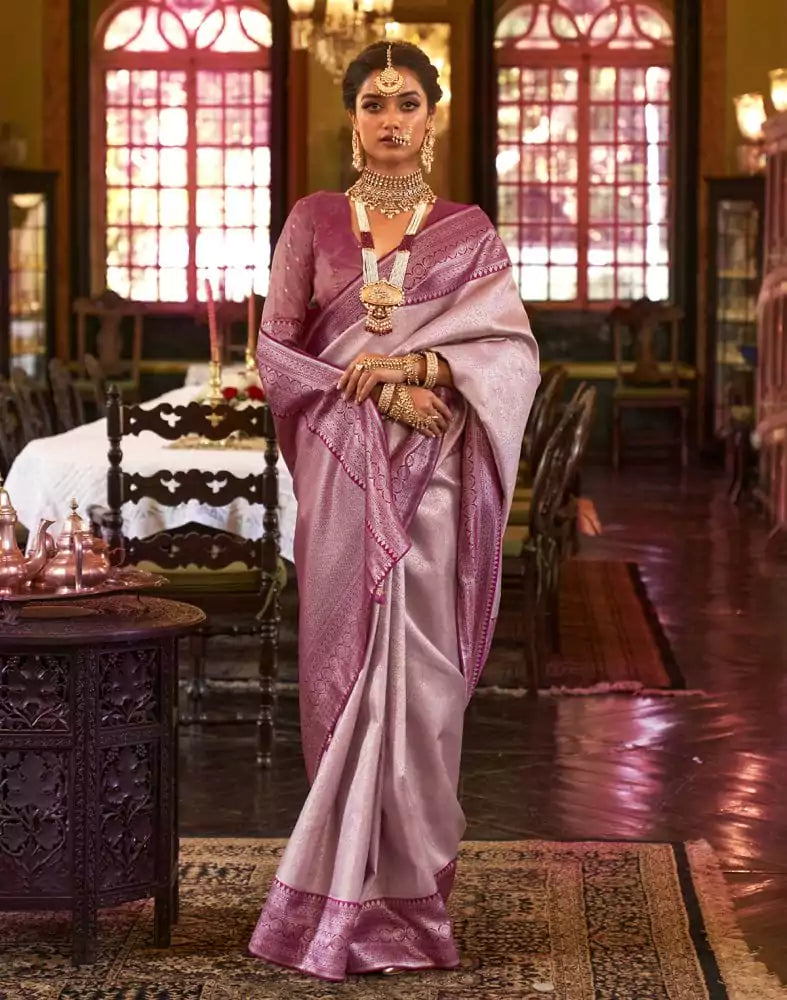 Image of Pink Self Design Weave Soft Silk Saree