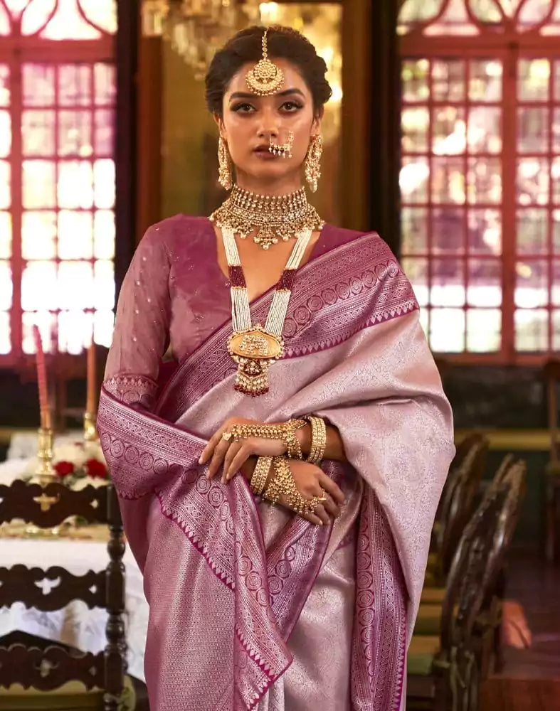 Image of Pink Self Design Weave Soft Silk Saree