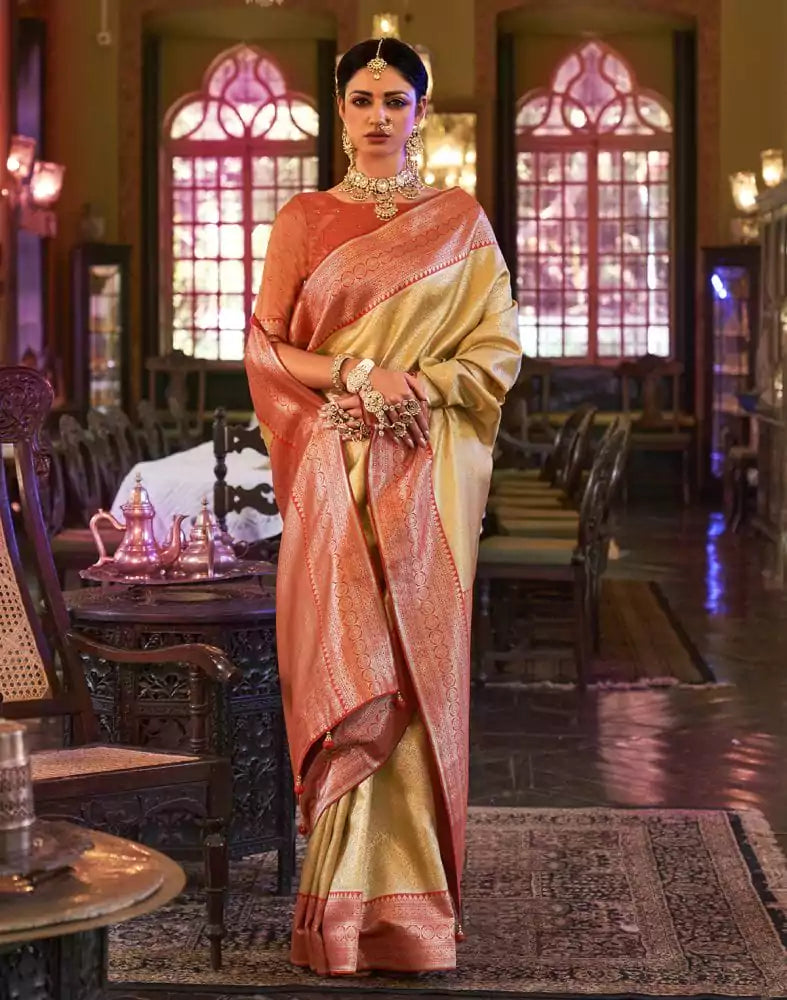 Image of Yellow all over Self Design Weaving Soft Silk Saree