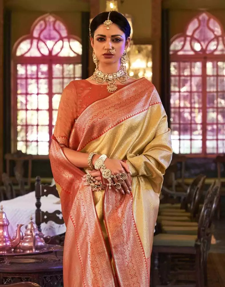 Image of Yellow all over Self Design Weaving Soft Silk Saree