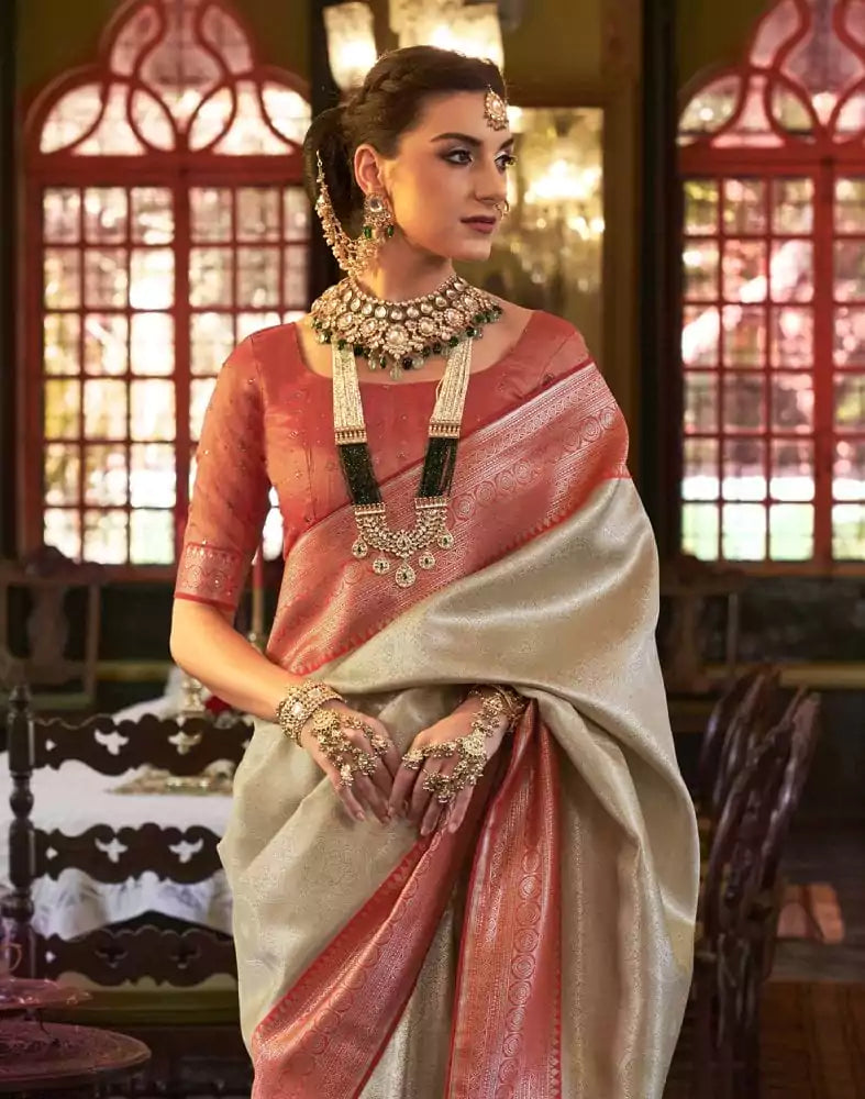 Image of Gold and Red Self Design Weave Soft Silk Saree