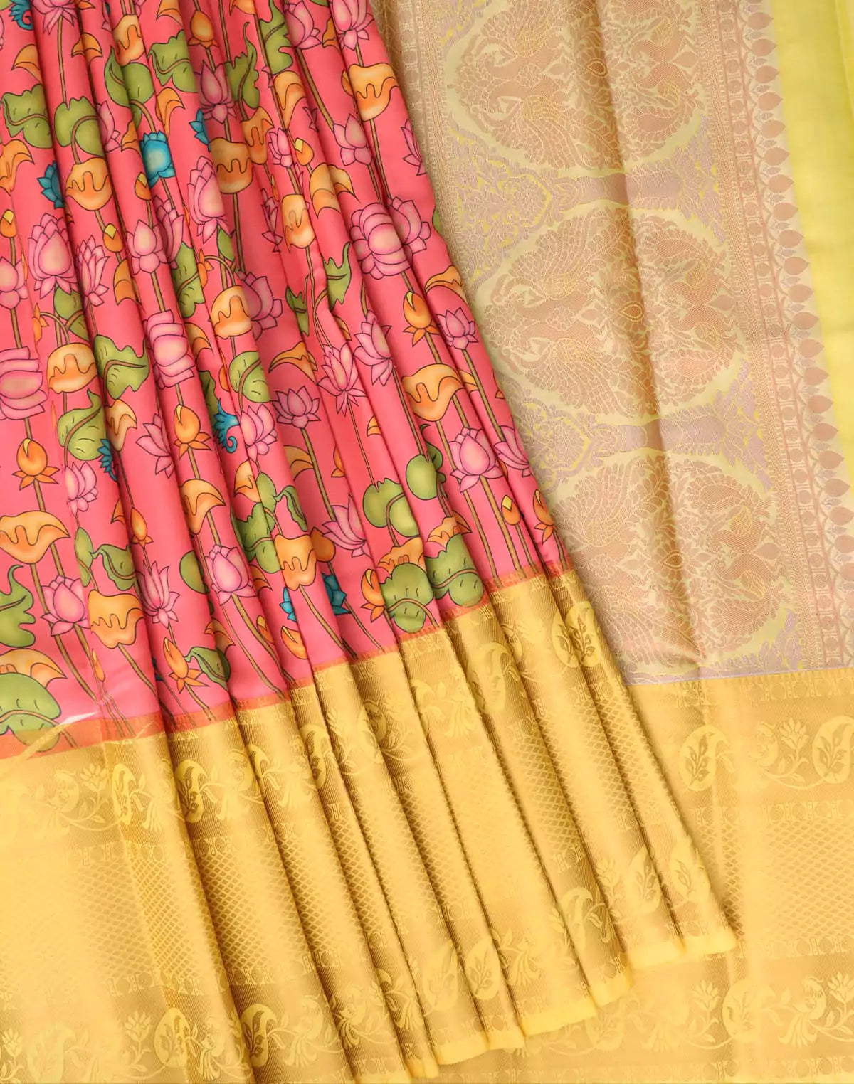 Image of Kanchi Kalamkari Print Peach Saree