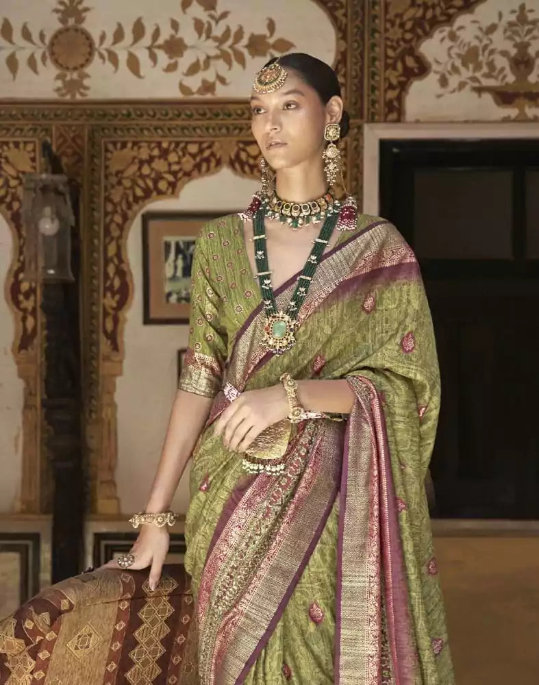 Image of Green Floral Pattern Dola Silk Saree