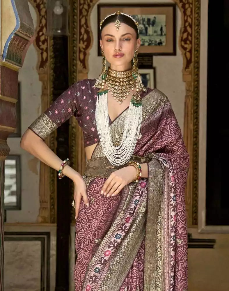 Image of Pink Geometric Dola Silk Weave Saree