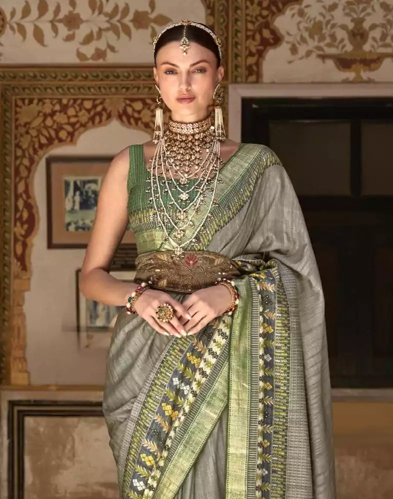 Image of Grey and Green Colour Dola Silk Saree