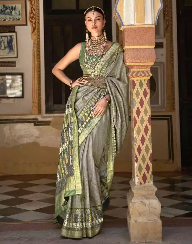 Image of Grey and Green Colour Dola Silk Saree