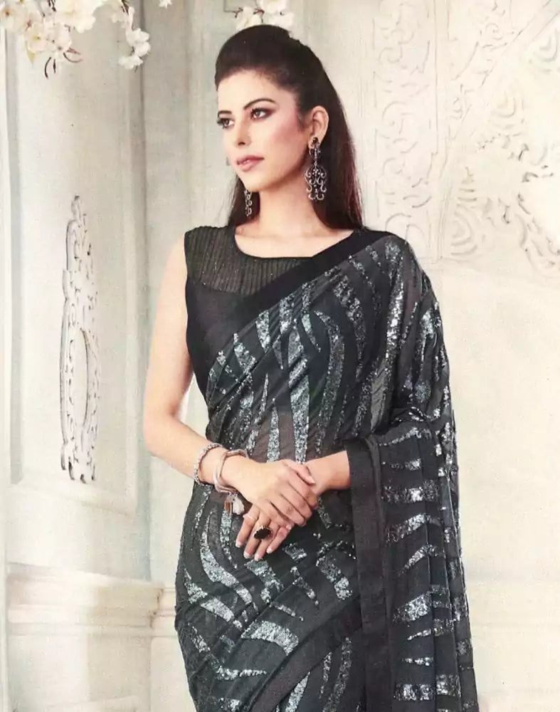 Image of Grey Striped Sequence work Semi Georgette Saree