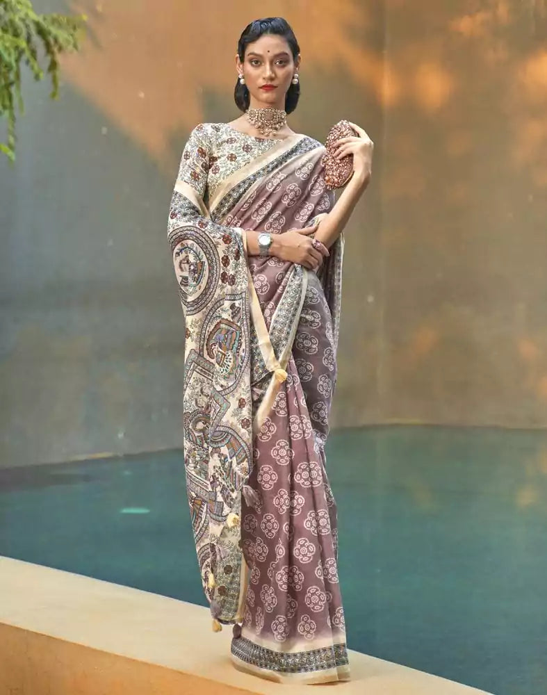 Image of Brown and Cream Colour Floral Print Cotton Saree