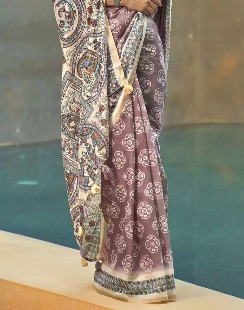 Image of Brown and Cream Colour Floral Print Cotton Saree
