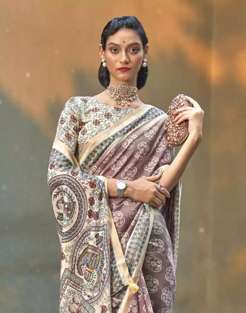 Image of Brown and Cream Colour Floral Print Cotton Saree