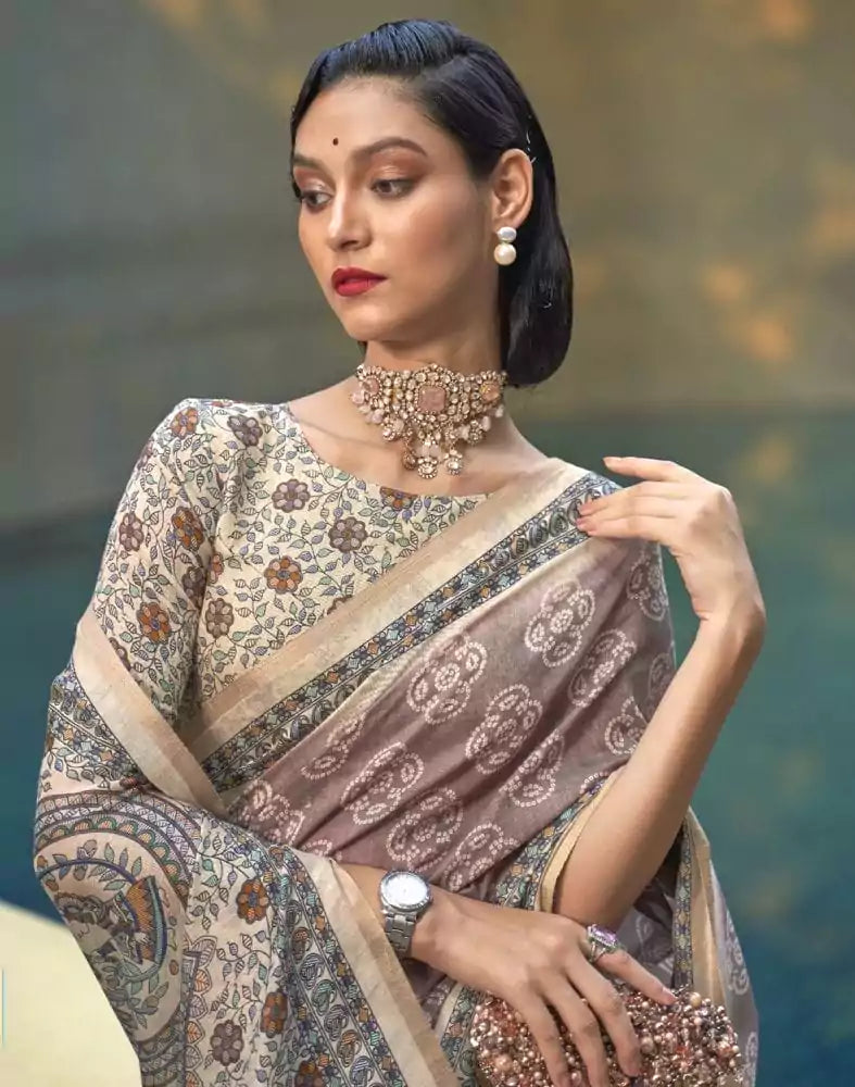 Image of Brown and Cream Colour Floral Print Cotton Saree