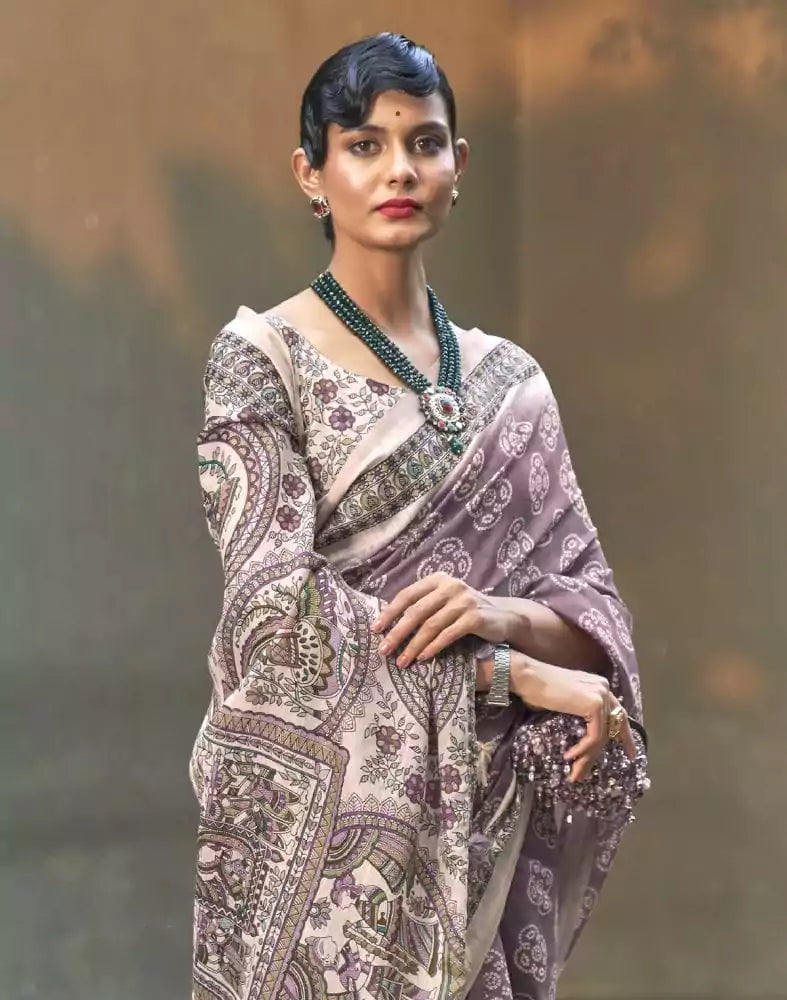 Image of Bright Purple and Cream Floral Print Cotton Saree