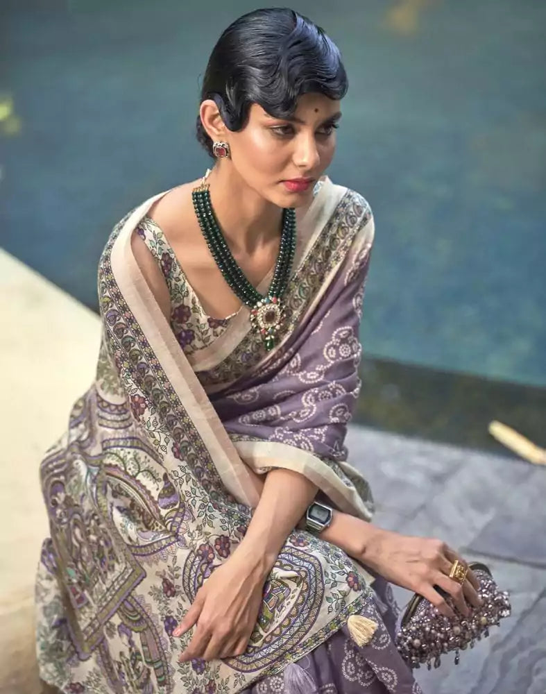 Image of Bright Purple and Cream Floral Print Cotton Saree